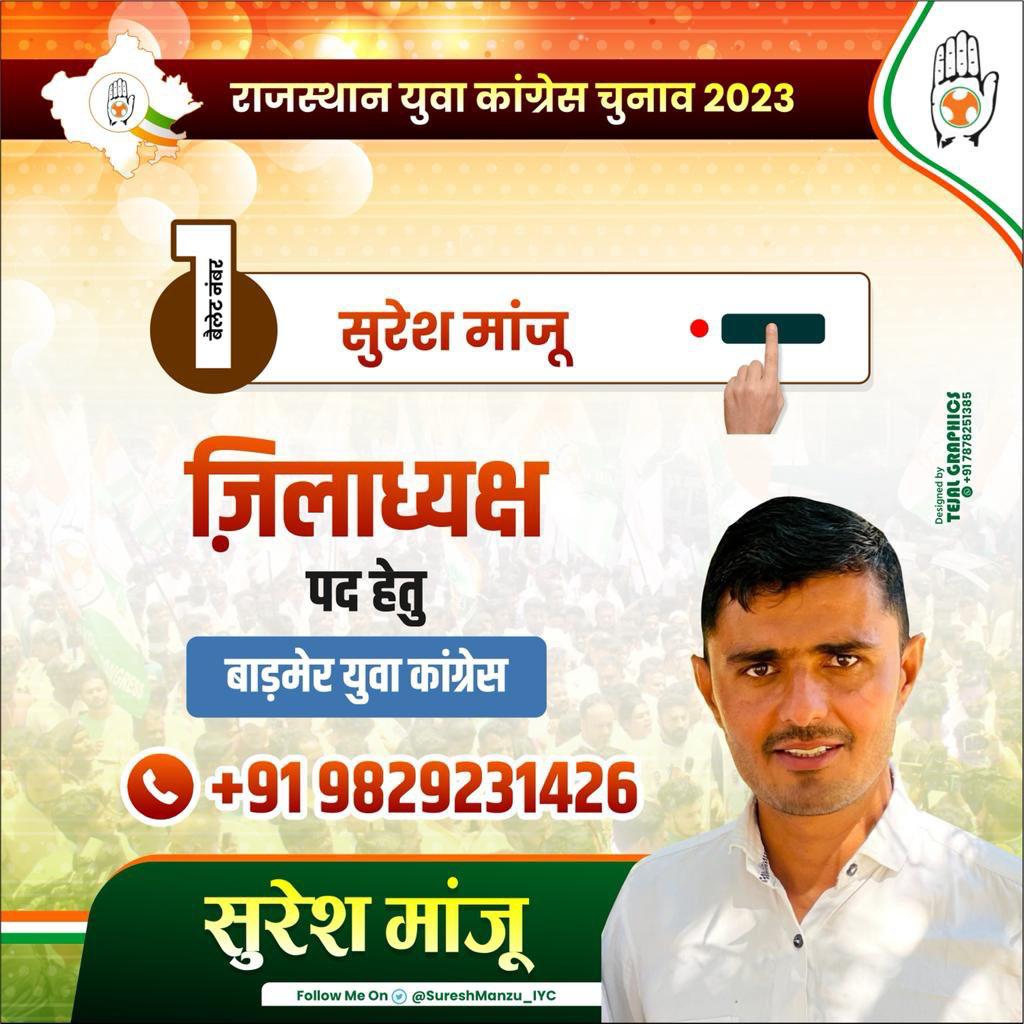 राजस्थान यूथ कांग्रेस चुनाव में जिला अध्यक्ष पद हेतु@SureshManzu_IYC को हार्दिक शुभकामनाएं ... @Basant_Barmer