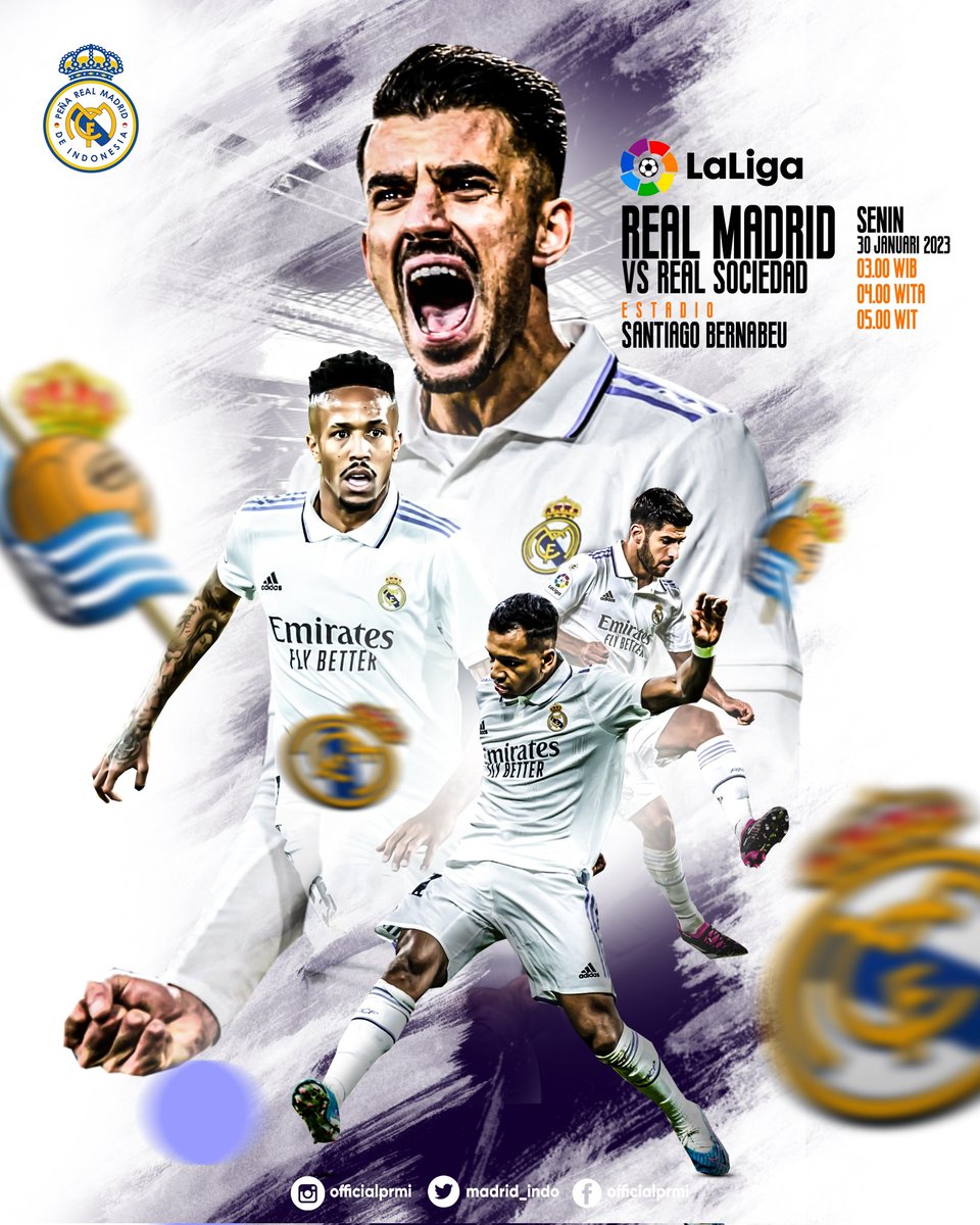 Madrid_Indo's tweet photo. #MatchDay

La Liga Jornada 18
Real Madrid vs Real Sociedad 
at Estadio Santiago Bernabéu 
Senin, 30 Januari 2023.
03:00WIB - 04:00WITA - 05:00WIT.

Optimisss Menaaang 💫

#HalaMadrid #VamosPRMI https://t.co/qNMhXXSXJ6