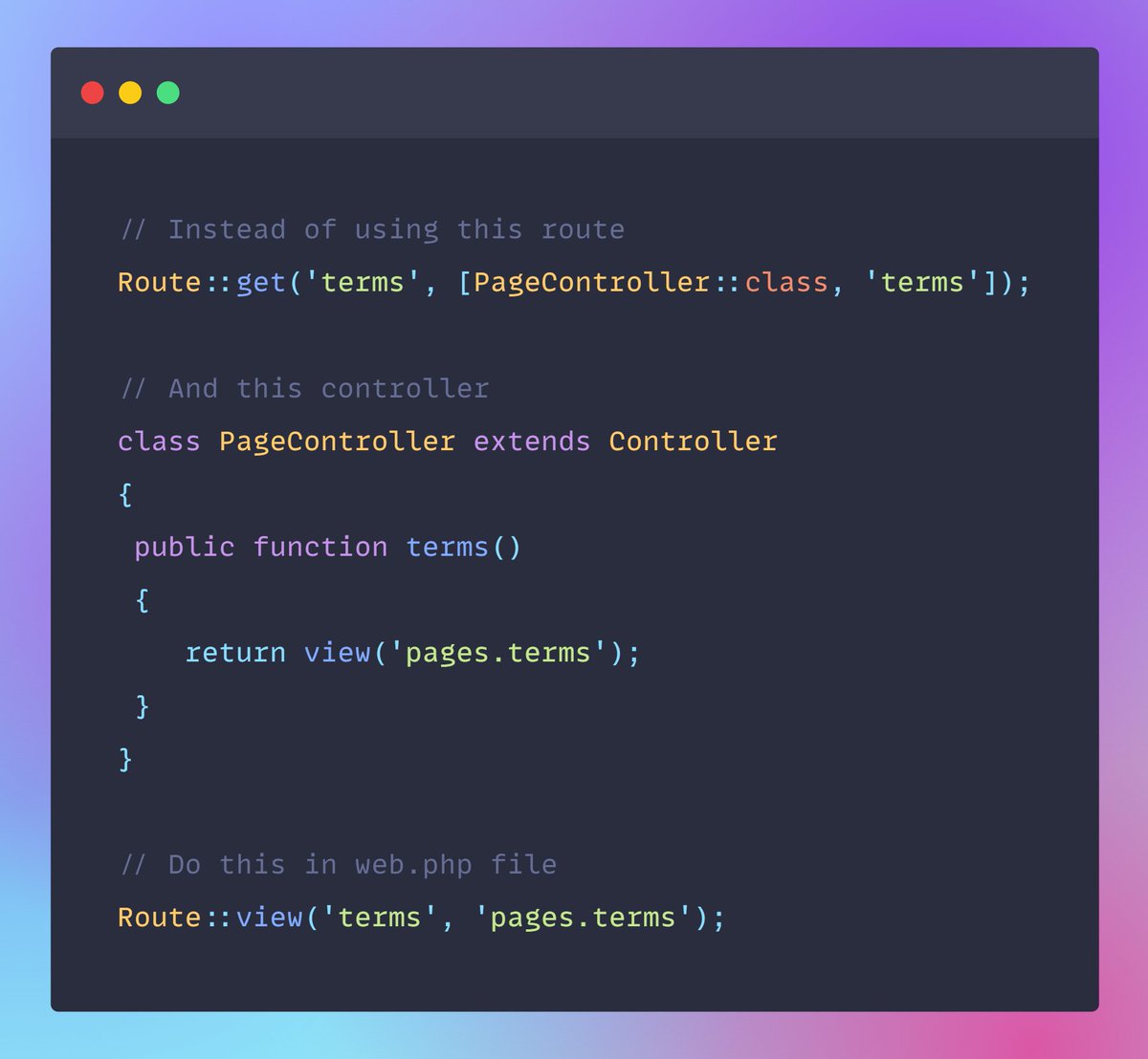 rukhsardev's tweet image. 🔥Laravel Tip: Make it easier to only show a certain view in Laravel.
Use the 𝗥𝗼𝘂𝘁𝗲::𝘃𝗶𝗲𝘄() function to simplify your development tasks. #Laravel