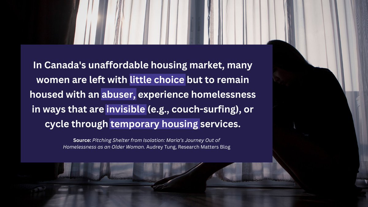 homelesshub's tweet photo. In Canada's unaffordable housing market, many women are left with little choice but to remain housed with an abuser, experience #homelessness in ways that are invisible (e.g., couch-surfing), or cycle through temporary housing services.

SOURCE: https://t.co/MxEK0jHMkr https://t.co/74QCbsvZS2