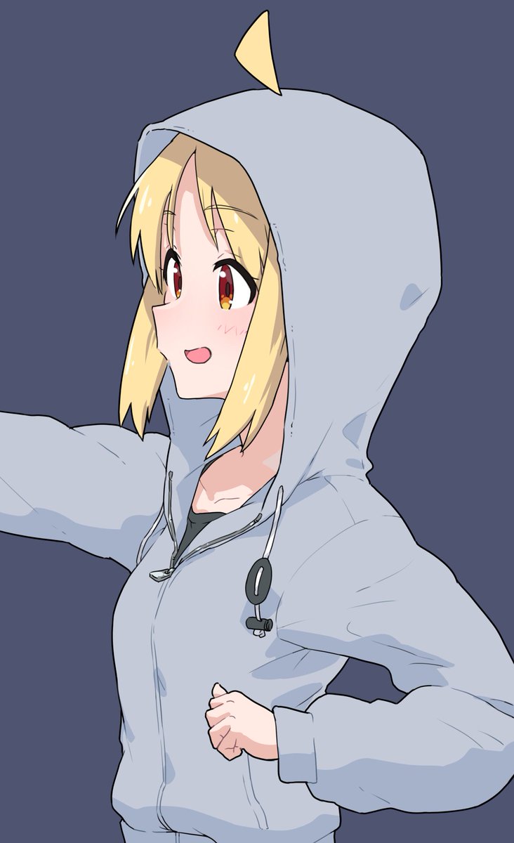 1girl solo blonde hair hood ahoge simple background smile  illustration images