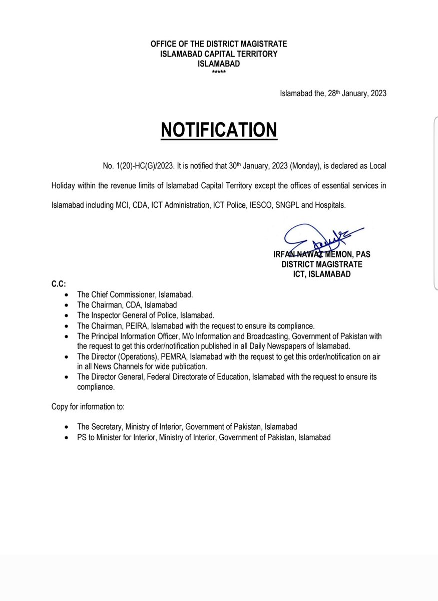 It is further being clarified that all the public and private institutions including the Pakistan secretariat Islamabad will remain closed on 30th January, 2023.