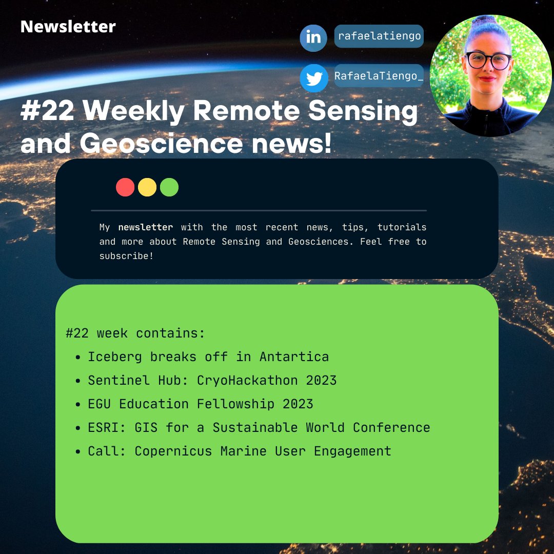 My #22 newsletter is out! 📰
Check some news about #RemoteSensing and #Geoscience on the link below!🛰️🌍

Feel free to share & subscribe! 📧
You are very welcome!

🔗 rafaelatiengo.substack.com/p/22-weekly-re… 

#EOchat #GISchat @i_ameztoy @sentinel_hub @EuroGeosciences @Esri @MercatorOcean