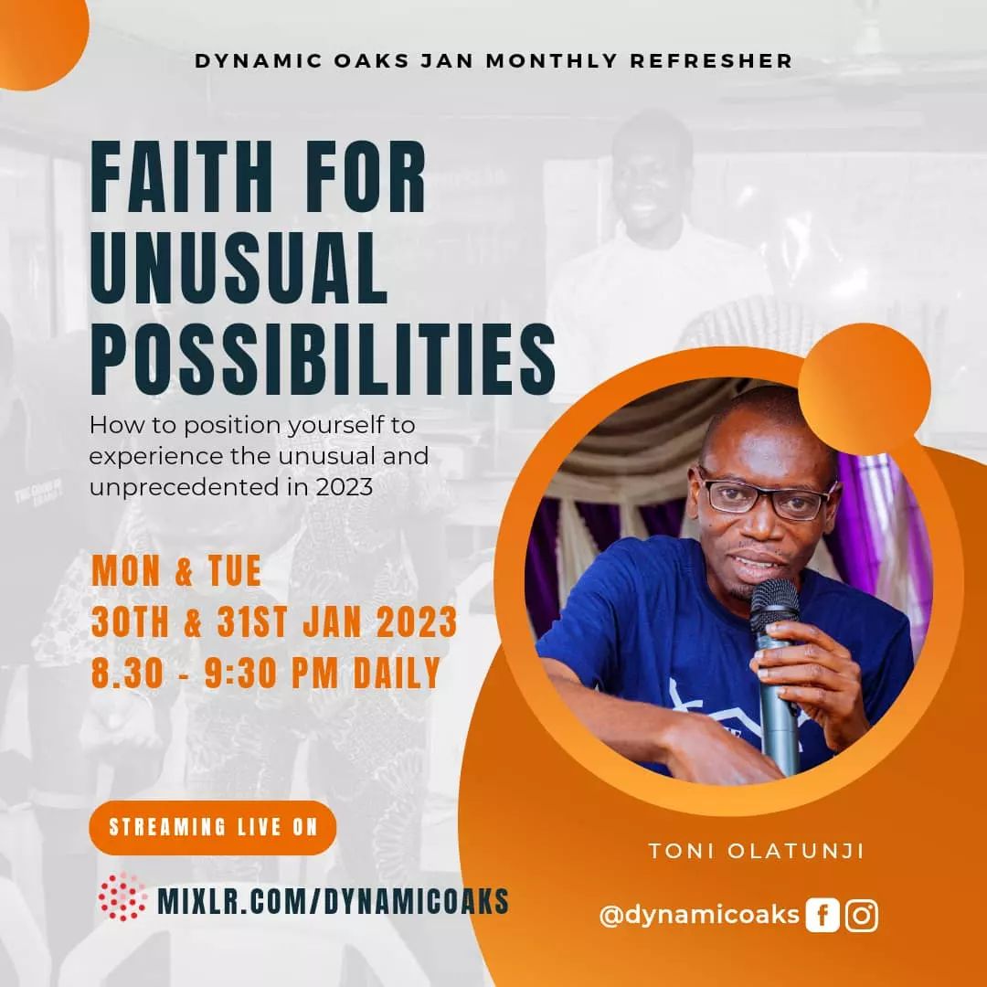 dynamicoaks's tweet photo. OUR MONTHLY REFRESHER JANUARY IS HERE!! 
At this Month's Refresher @toniolatunji will be teaching on FAITH FOR UNUSUAL POSSIBILITIES; How to position yourself to experience the fullness of the enigma year

You don't want to miss this!🔥🔥🔥

8:30 - 9:30pm each day on mixlr https://t.co/ycwz4rlsVQ