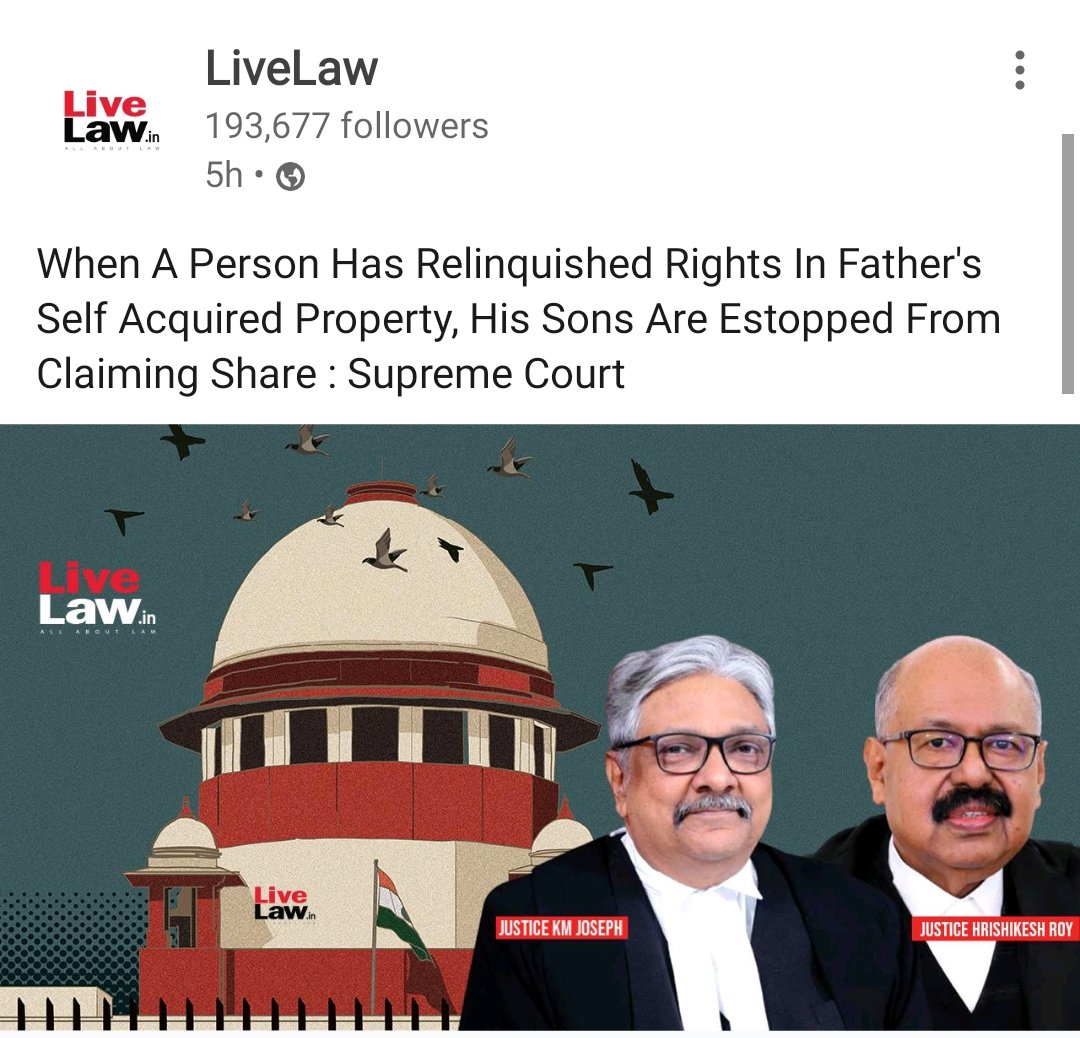 Apexadvocates's tweet photo. When a person has relinquished rights in father's self acquired property....
#MensLivesMatters
#MensRights
#PropertyLaws
#SonsofIndia
#Inheritence
#SupremeCourtOfIndia https://t.co/f4QDcMom8M