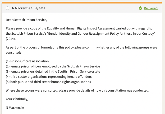 THREAD. On 6 July 2018, we submitted a FOI request to the Scottish Prison Service (SPS) asking for sight of the equality impact assessment undertaken on their trans prisoner policy. whatdotheyknow.com/request/equali…