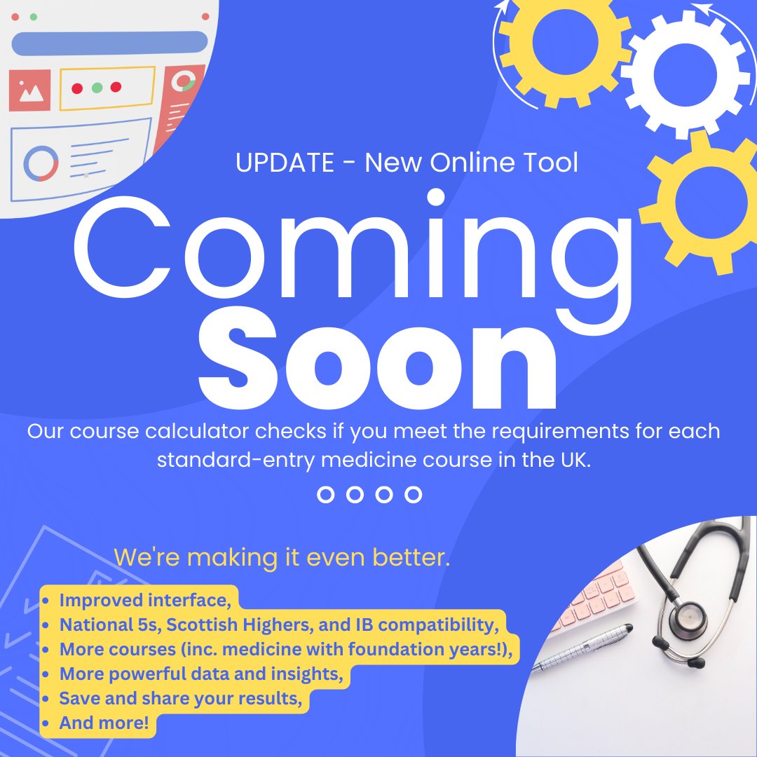Coming soon! We're updating our course calculator and the new version will be live in a few months.

The update will support even more students, including those hoping to apply to medicine courses with a foundation year.

#medicine #wideningparticipation #applyingtomedschool