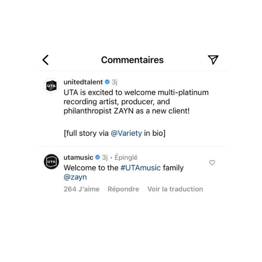 1DDailyPlanet's tweet photo. 📸 UTA Music commented on an Instagram post
"Welcome to the #UTAmusic family @/zayn" https://t.co/Fl0Dyzzy64