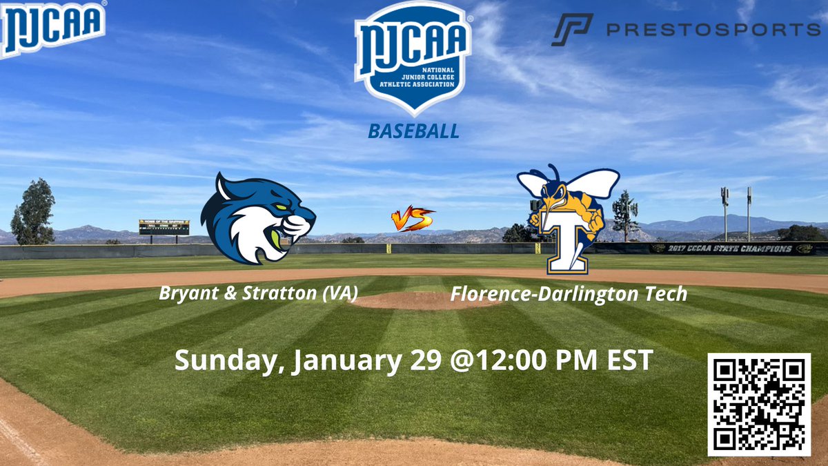 juco_fball's tweet photo. 12:00 PM EST
Bryant &amp; Stratton (VA) vs Florence-Darlington Tech | NJCAA BASEBALL 2023
🔗 https://t.co/vsbz1hjAvU
January 29, 2023
Florence, SC
@FDTCbaseball @LAEagleCollege1 @TNemtuda @FloDar_Tech 
@BSC757_BSB @FJBuscemi @now_d1 @cbwilkinsODU https://t.co/W5m4eQadBg