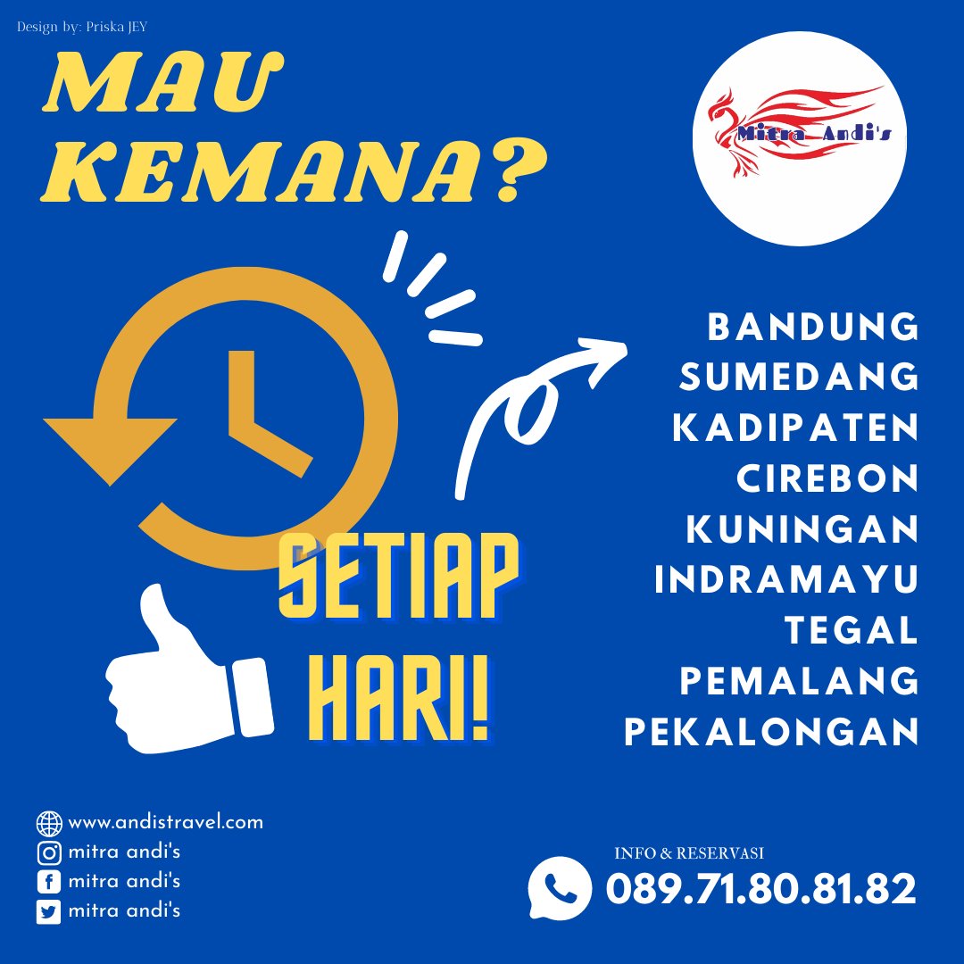 MitraAndis's tweet photo. Mitra Andi's Travel 
》Jl.Pajajaran No.103-Bandung 
》Chat WA/RSVP: 08971808182
》https://t.co/kzCX1pPiqm
Design by: Priska JEY
Refrensi: @Q2Cmanagement
#travelkuningan #travelbandung #travelcirebon #travelkadipaten #travelindramayu #traveltegal #travelpekalongan #travelpemalang https://t.co/NL36hCOirS