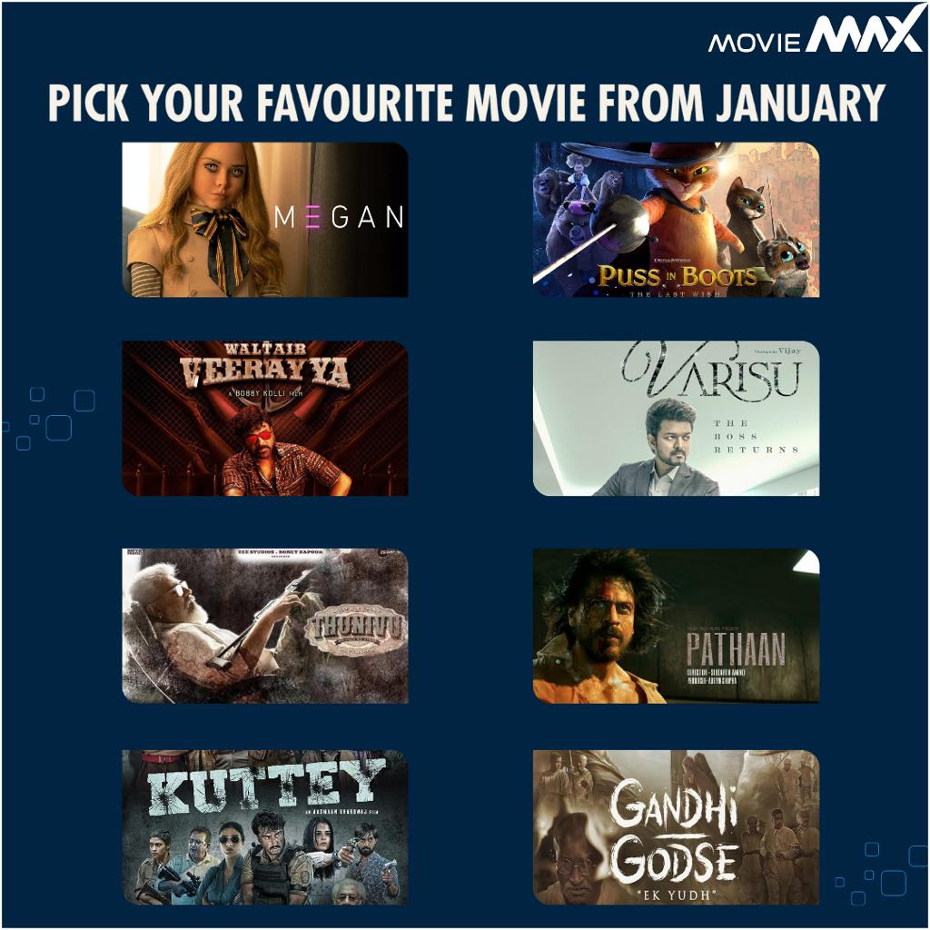 moviemaxoffl's tweet photo. January definitely gave us some #MaxDose of Entertainment 🤩!
Which movie from January was your favourite? Tell us in the comments below!
#M3GAN #PussInBoots #WalterVeerayya #Varisu #Thunivu #Pathaan 3Kuttey #GandhiGodse #MovieMaxOfficial https://t.co/VzXISr9oca