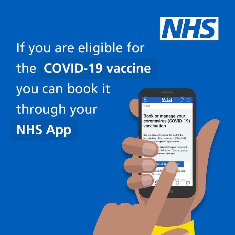 If you are eligible for the COVID-19 vaccine, you can book it through your NHS App.

Not downloaded the NHS App? Get it here:
🔗 nhs.uk/nhsapp