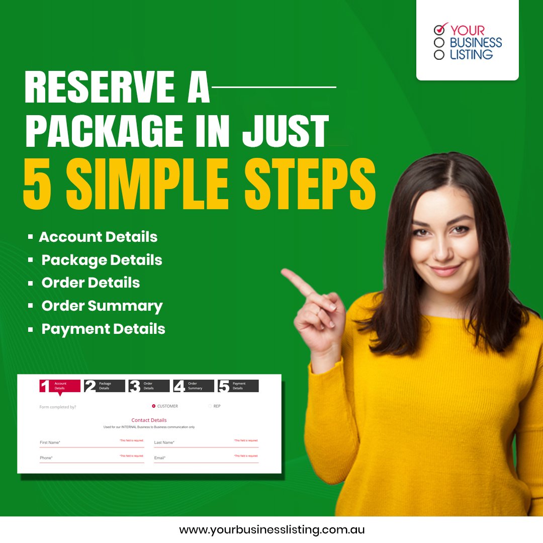 Now it's easier to reserve a package online in just 5 steps! 
Get your package today!

Get in touch to know more yourbusinesslisting.com.au/reserve.html

#package #reservepackage #simplesteps #website #socialmedia #reviews #googlereviews #googleads #yourbusinesslistings