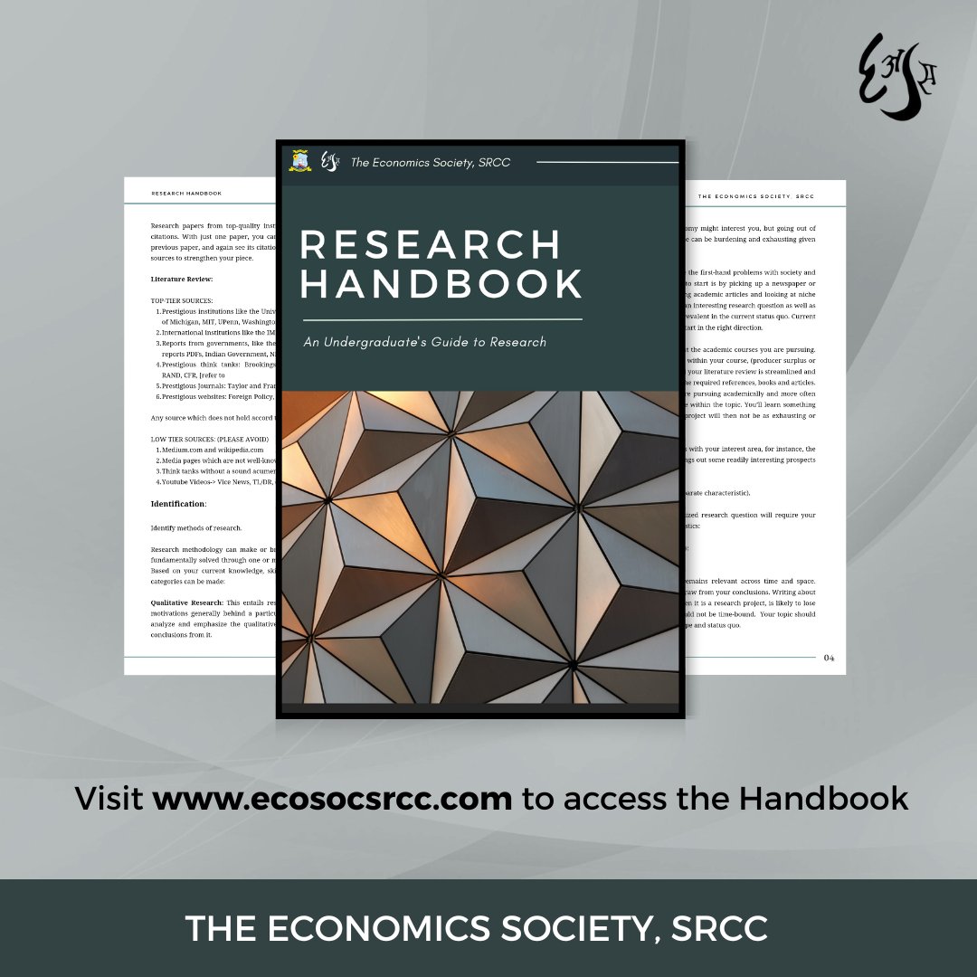 SRCCEcosoc's tweet photo. The Economics Society, SRCC is proud to release the first of its kind, "Research Handbook", an Undergraduate's guide to research. The handbook aims at democratising principles of research process, so as to enable ease for first time researchers. https://t.co/R7Hyy4Yw8f