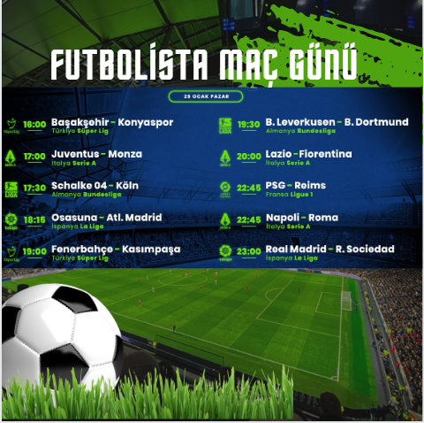 FutbolistaTR's tweet photo. Günün kritik maçlarını #futbolistatr ile takip edin ,çünkü futbola dair her şey burada!
#süpertotosüperlig #bundesliga #ligue1 #laliga #seriA #prolig https://t.co/WzKzbyUrGN