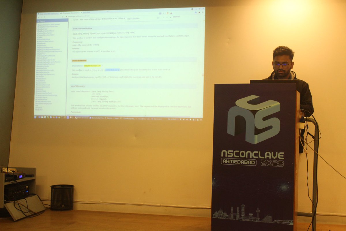 Creating burp extension with “Burpsuite Ninja” 🥷@j_jogal_545 on talk :Unleashing the Full Potential of Burp Suite with Extension Development for Enhanced Penetration Testing at #NSConclave2023 

#Conference #CyberSecurity #Burpsuite