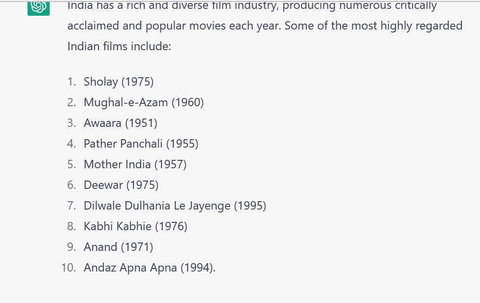 Best movies of Bollywood as per ChatGPT .. Amitabh - 4 , Dilip Kumar - 1 , SRK - 1 , RK - 1 , SRK - 1 , Salman -1