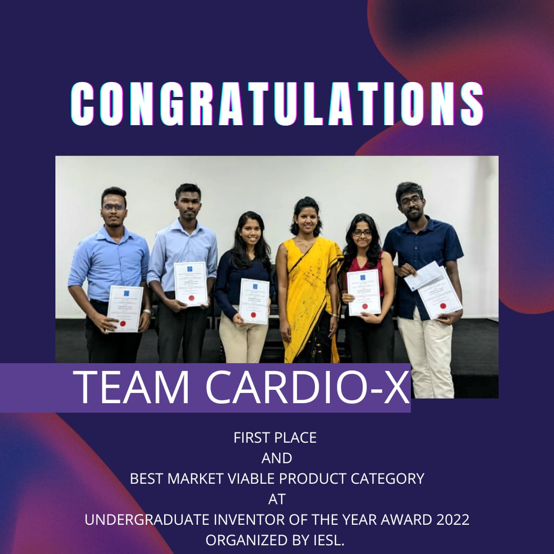 ee_sjp's tweet photo. Congratulations!! 
Team Cardio-X won first place and the award for the best market viable category at the Institute of Engineers, Sri Lanka (IESL) Undergraduate Inventor of the Year 2022.
https://t.co/jym3lkBZiF https://t.co/Qsp11innYF