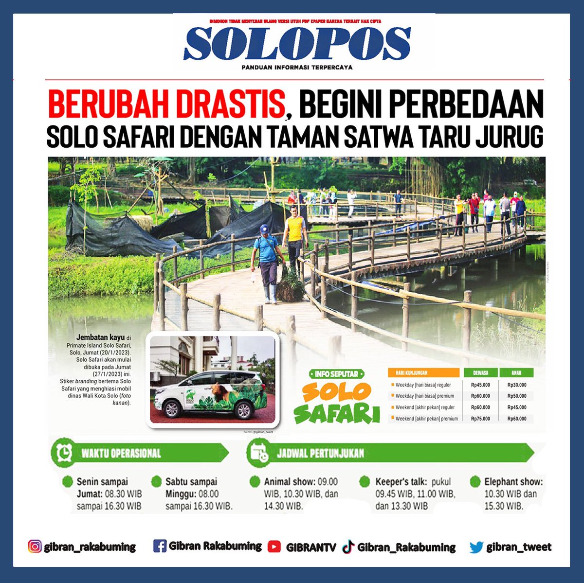 gibran_tweet's tweet photo. Solo Safari hadir sebagai tempat rekreasi bernuansa alam dengan rimbunnya pepohonan, serta keunikan satwa eksotis. Seluruh satwa mendapat perawatan kesehatan yang maksimal. Terlebih, satwa ditempatkan tanpa menggunakan kandang, seperti berada di habitat aslinya. https://t.co/yV9T3wkqmC