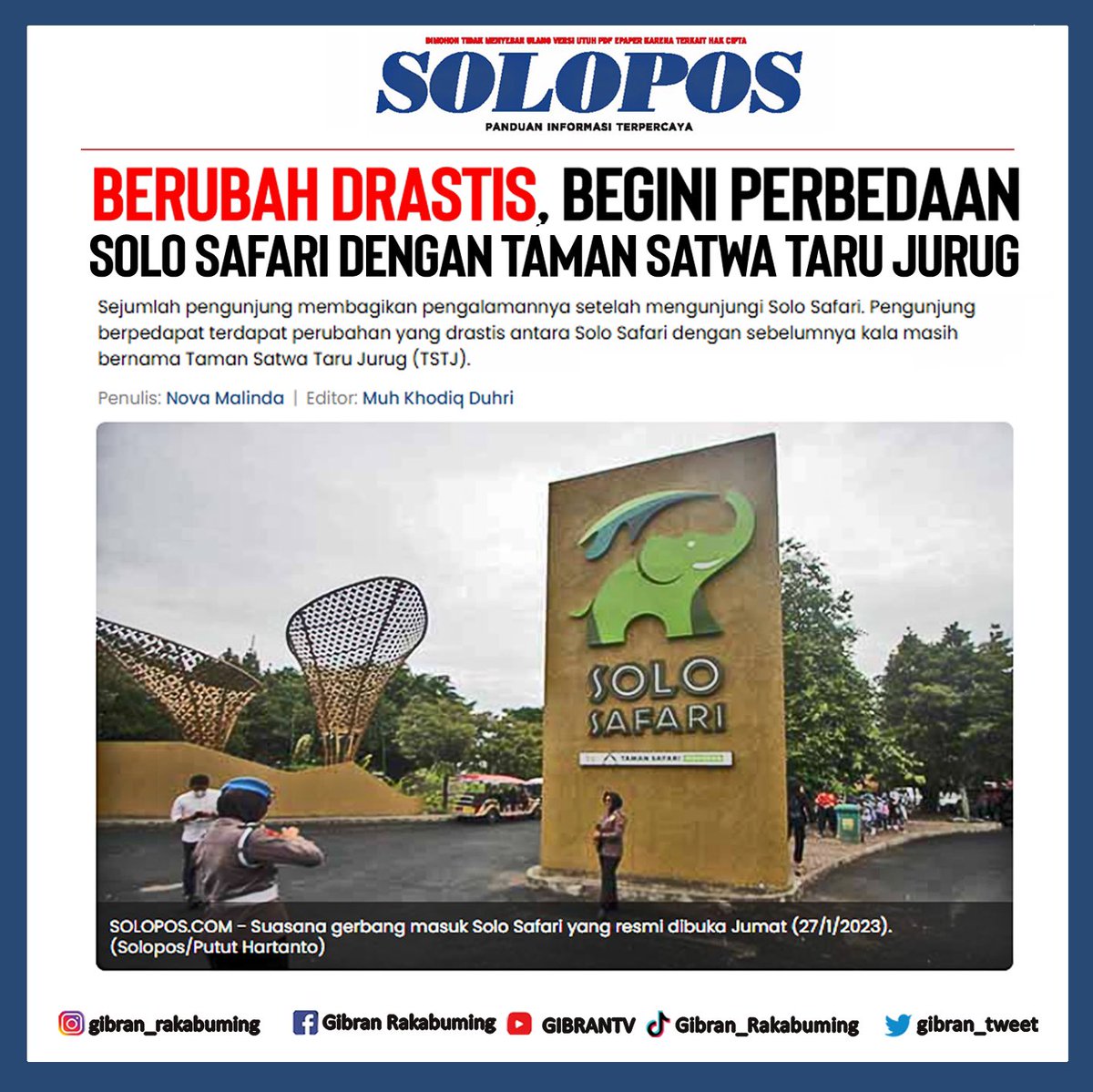 gibran_tweet's tweet photo. Solo Safari hadir sebagai tempat rekreasi bernuansa alam dengan rimbunnya pepohonan, serta keunikan satwa eksotis. Seluruh satwa mendapat perawatan kesehatan yang maksimal. Terlebih, satwa ditempatkan tanpa menggunakan kandang, seperti berada di habitat aslinya. https://t.co/yV9T3wkqmC