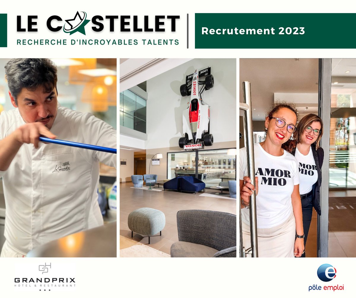Les <a href="/HotelCastellet/">Hôtel du Castellet</a> ***** et <a href="/HotelGrandPrix/">Grand Prix Hôtel</a> ***  recherchent leurs prochains talents !
En partenariat avec @poleemploi_VAR #SixFours, un salon en ligne va ouvrir ses portes le 1er Février
Postulez en direct : lnkd.in/dyau4WdF
et rejoignez la #teamcastellet