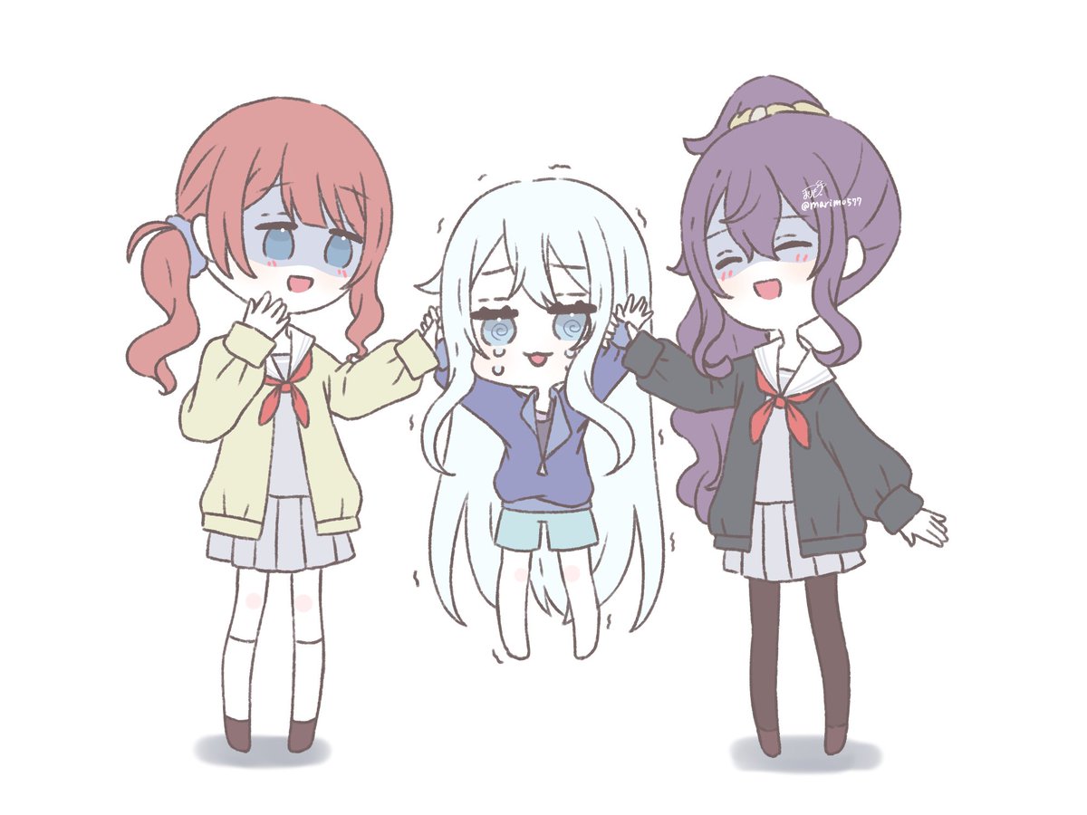multiple girls 3girls school uniform side ponytail purple hair long hair shaded face  illustration images