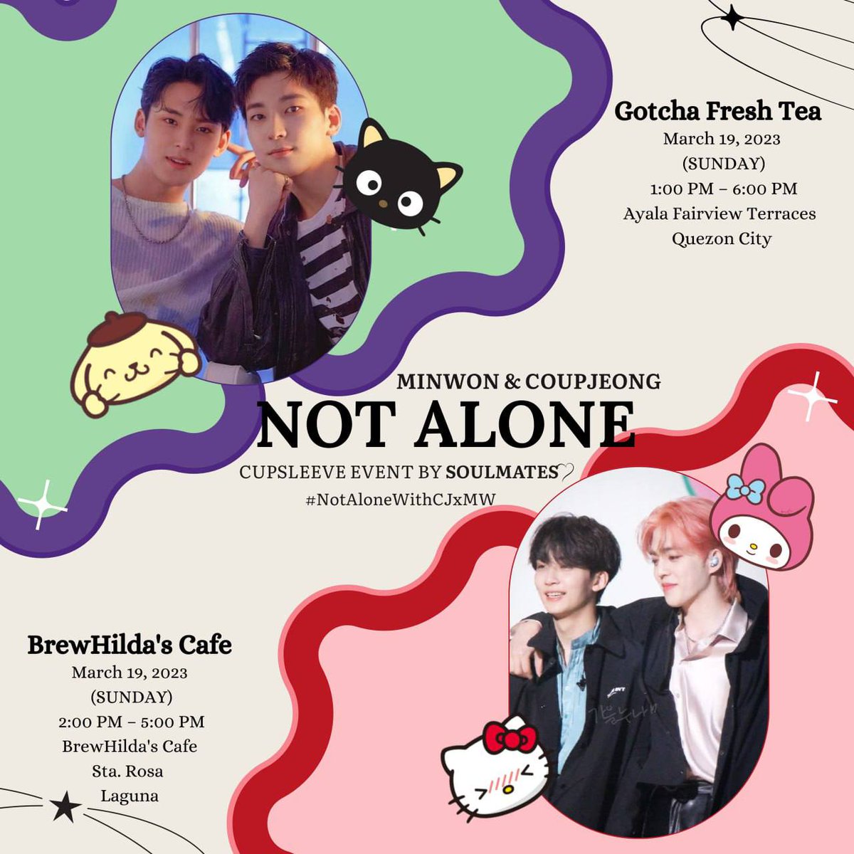 seung_flutter's tweet photo. CHERRYBERRYS &amp; BITTERSWEETS!

"NOT ALONE" a Coupjeong &amp; Minwon Cupsleeve Event in Quezon City &amp; Laguna! 
Full details and Registration will be posted on Feb. 1, 2023. Join us &amp; invite your CARAT friends because with Coupjeong &amp; Minwon, you are NOT ALONE! 
#NotAloneWithCJxMW https://t.co/7P2XFEHq1w