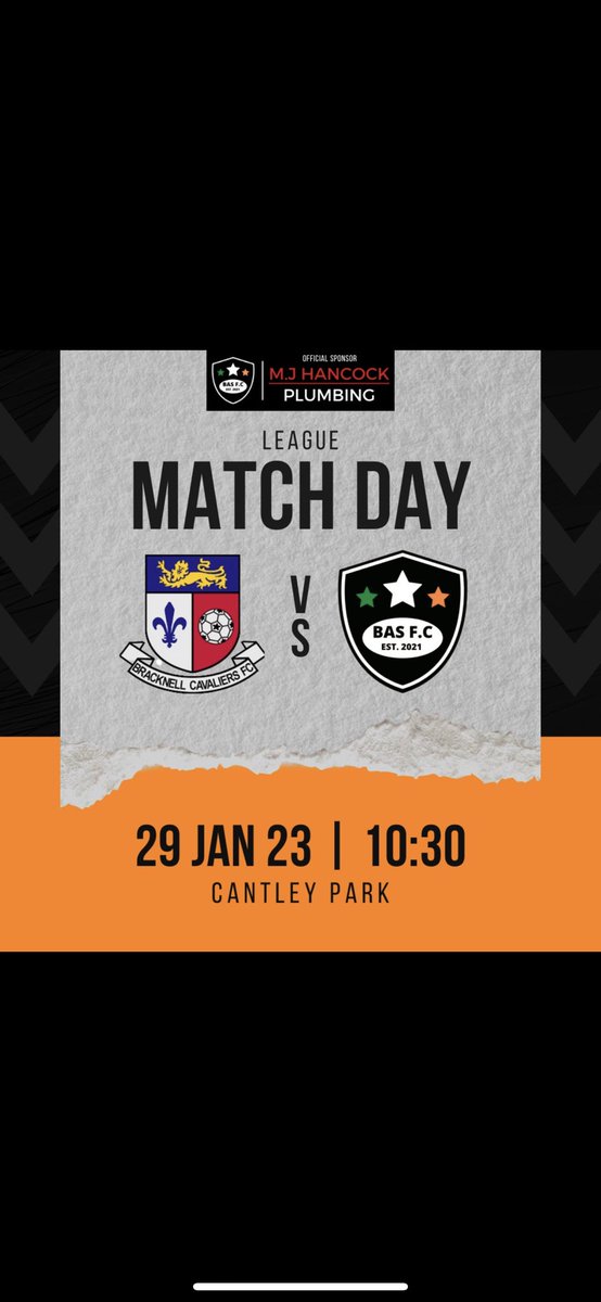 BAS F.C. (@officialbasfc) on Twitter photo After another lengthy break, the BAS are back in action this morning in the league. The lads will be looking for another three points and to start a run that sees us climb the league table.
🏆League
🆚<a href="/cavaliersunday/">BracknellCavsSunMens</a>
📍Cantley Park RG40 5QG
⌚️Sunday 29th Jan 10:30AM
#UpTheBAS After another lengthy break, the BAS are back in action this morning in the league. The lads will be looking for another three points and to start a run that sees us climb the league table.
🏆League
🆚<a href="/cavaliersunday/">BracknellCavsSunMens</a>
📍Cantley Park RG40 5QG
⌚️Sunday 29th Jan 10:30AM
#UpTheBAS
