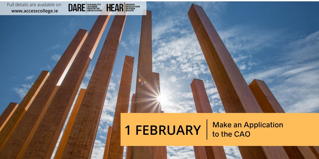 To apply to DARE and/or HEAR
✅ Apply to the CAO by Feb 1
✅ Complete your DARE/HEAR application form by March 1
✅ Post all supporting documentation to the CAO by March 15#
❓ For more information visit accesscollege.ie