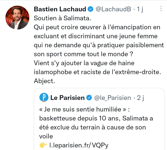 GadjiMiko's tweet photo. Le député Insoumis @LachaudB défend donc une musulmane qui a une certaine admiration pour les islamistes. Étonnant non ? https://t.co/lSKOLshggh