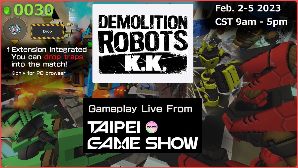 drkk_jp's tweet image. 【お知らせ】

来週末2/2-5 「台北ゲームショウ」にデモロボが出展！Indie House Area S-13 のUkiyo Studiosさんブースにて展示します！ @ukiyostudiosau

現地で試遊をしている人へ視聴者から邪魔アイテムが投入できるTwitch配信を実施！

#TaipeiGameShow #インディーゲーム #TwitchExtensions