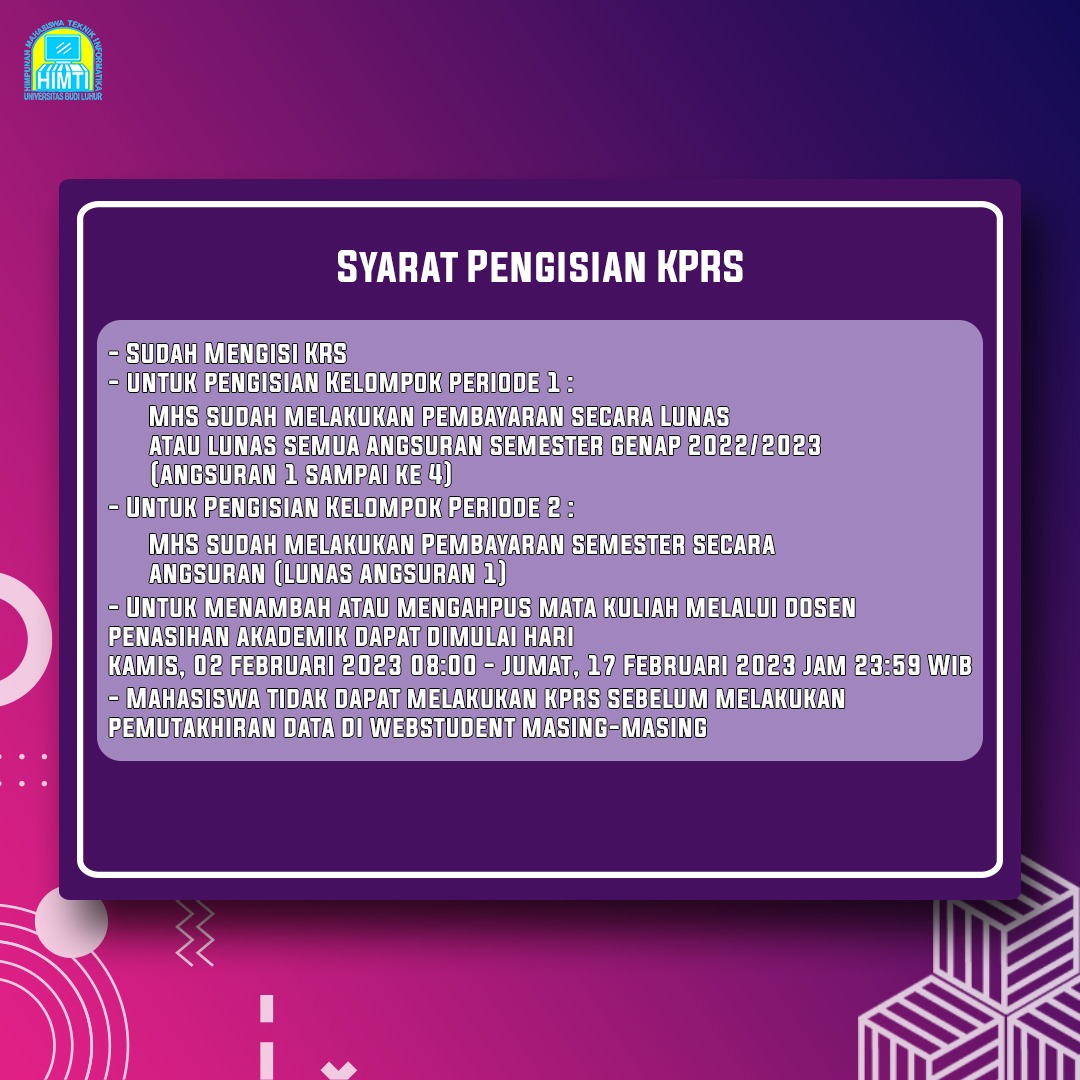 Hi SmarTIzen!👋
.
Berikut ini adalalah Informasi perihal Jadwal Pemilihan Kelompok (KPRS Online) untuk Mahasiswa/i Reguler FTI Semester Genap 2022/2023
.
Info selengkapnya
daa.budiluhur.ac.id/2023/01/jadwal…
.
#infokampus22
#himti_ubl
#teknikinformatika
#biruputihinformatika