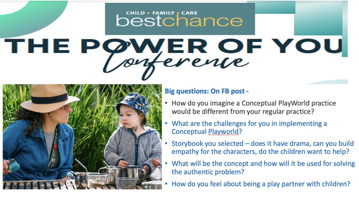 MarilynFleer's tweet photo. We will be discussing big questions tomorrow at the BestChance conference. The @MonashEducation PlayLab will be showcasing Conceptual PlayWorlds in the context of the 2022 Early Year Learning Framework - then to reflect on how it is different from regular play-based practice https://t.co/yNaZ8BMsVP