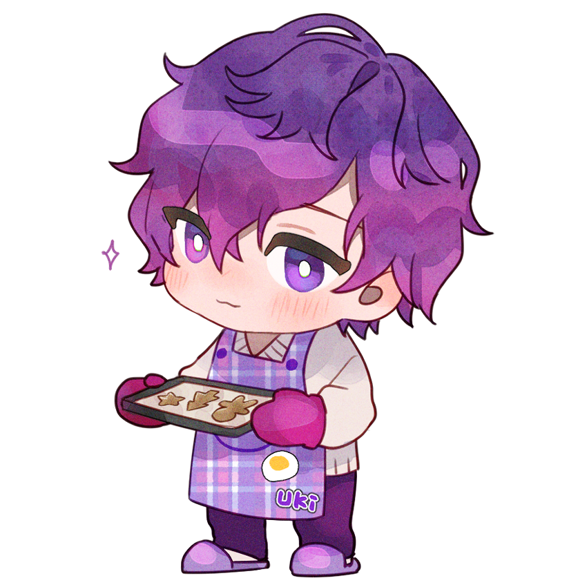 1boy male focus chibi purple eyes slippers solo oven mitts  illustration images