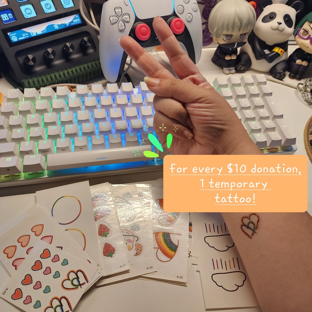 leeniehunnie's tweet photo. I'm adding a brand new fun incentive for my charity stream! For every $10 donation, you can place a temporary tattoo on my arms! (You can see a sample on the photo!) #leeniehunnieForLove #softgiving https://t.co/beJ4m7ylBH