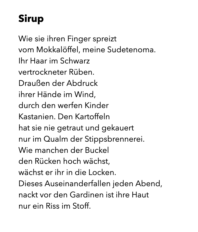 anne haeming (@haemanns) on Twitter photo Nora Bossong: "Sirup"
Mehr von <a href="/BossongNora/">Nora Bossong</a> bei <a href="/suhrkamp/">Suhrkamp Verlag</a> und <a href="/hanserliteratur/">Hanser Literatur</a>. Gedichte von ihr und anderen bei <a href="/lyrikline/">lyrikline.org</a>: lyrikline.org/de/autoren/nor…
#LyrikInDenFeed 💨 Nora Bossong: "Sirup"
Mehr von <a href="/BossongNora/">Nora Bossong</a> bei <a href="/suhrkamp/">Suhrkamp Verlag</a> und <a href="/hanserliteratur/">Hanser Literatur</a>. Gedichte von ihr und anderen bei <a href="/lyrikline/">lyrikline.org</a>: lyrikline.org/de/autoren/nor…
#LyrikInDenFeed 💨