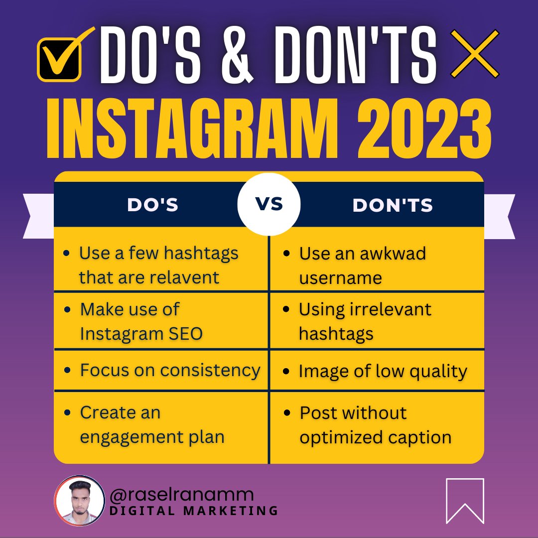 📌Do's & Don'ts Instagram 2023
𝐋𝐞𝐭 𝐦𝐞 𝐤𝐧𝐨𝐰 𝐢𝐧 𝐭𝐡𝐞 𝐜𝐨𝐦𝐦𝐞𝐧𝐭𝐬
#instagramtipsformarketing #instagrammarketing101 #instagrammarketingguide #digitalmarketingthelp
#socialmediamarketingtips #igtips #instagrow
#iggrowth
#instagramgrowthhacks