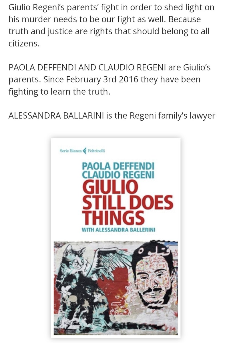 "Giulio still does things" is the English translation of "Giulio fa cose", book written by Paola Deffendi and Claudio Regeni together with Alessandra Ballerini. This is what happened. 

#veritapergiulioregeni
#GIUSTIZIApergiulioregeni

m.feltrinellieditore.it/news/2021/01/2…