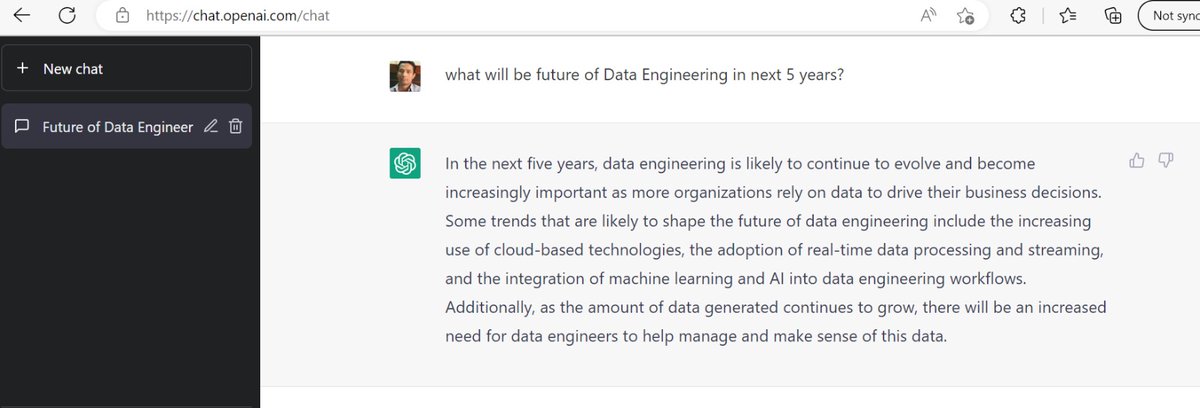 SumnJha's tweet photo. I asked question with #chatGPT #openai ; what will be future of #DataEngineering https://t.co/I9fJLynYI6