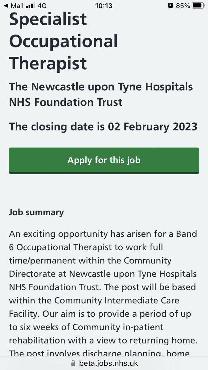 Band 6 occupational therapist vacancy at Eden Court (Wheatfield Court) closing date 2.2.23… it’s a great team 🥰