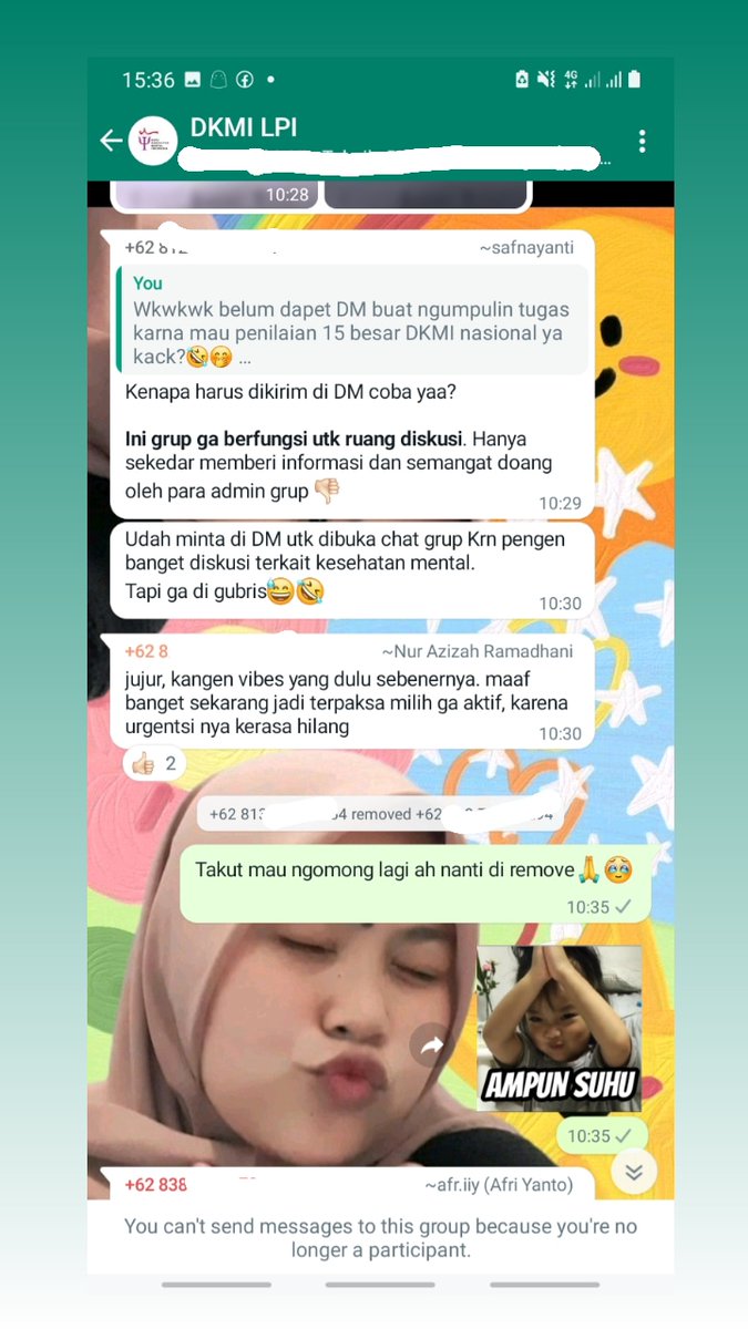 SeptyBarkiyah's tweet photo. Setelah aku ngomong kalo aku pernah di DM buat penilaian top 15 itu, si salah satu #DKMILPI ini nge reply dannnnnn terjadilahhhh dia di kick.
Karena aku kaget, aku lgsg ngechat kalo gamau ngomong lagi karna takut di kick. Ehhhhh beneran donggg di kick😭 https://t.co/EMuL1SXLqX