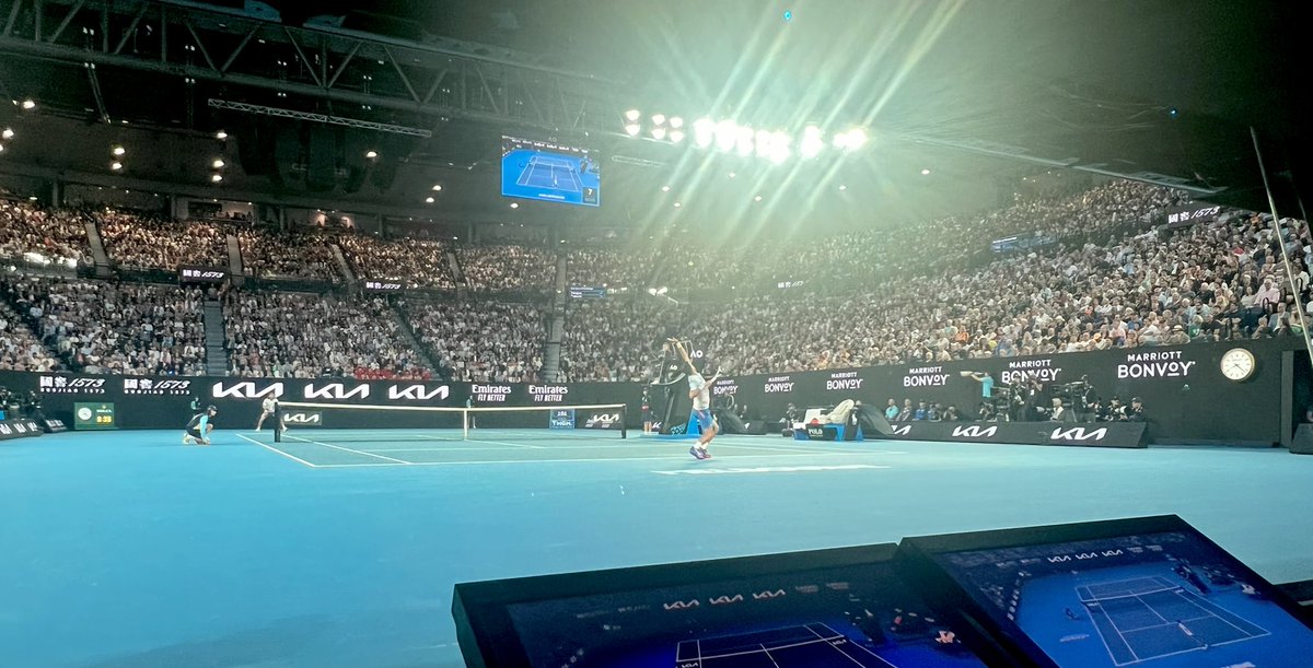 _ClareChapman's tweet photo. Day 1️⃣4️⃣ The @espn bunker. We are as far ɹǝpun uʍop as we can go. #AO23 #NovakDjokovic #StefanosTsitsipas https://t.co/aQPRX9xZJD