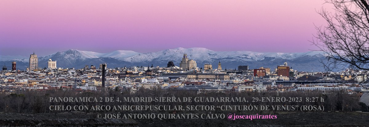 JoseAQuirantes's tweet image. Hace 2 horas acabo de conseguir unas fotos que llevaba mucho tiempo persiguiendo: panorámica de Madrid con la Sierra de Guadarrama nevada, mostrando en secuencia el amanecer con los colores del arco anticrepuscular (sombra de la Tierra y cinturón de Venus). ¿cual te gusta más? 💪