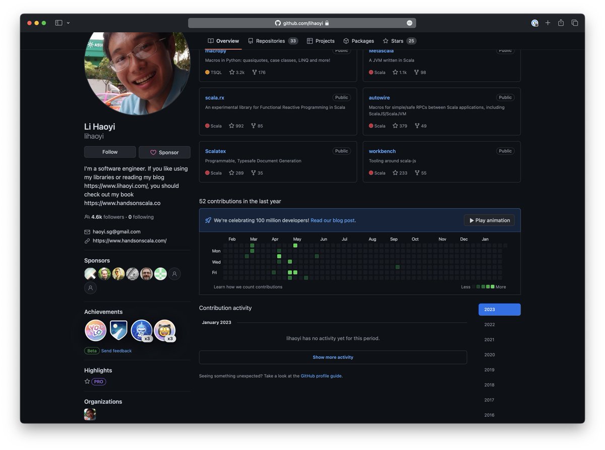 Anyone know if Li HaoYi is alright?

Seems like his GH activity dropped off quite a bit with no activity on his blog either (lihaoyi.com)