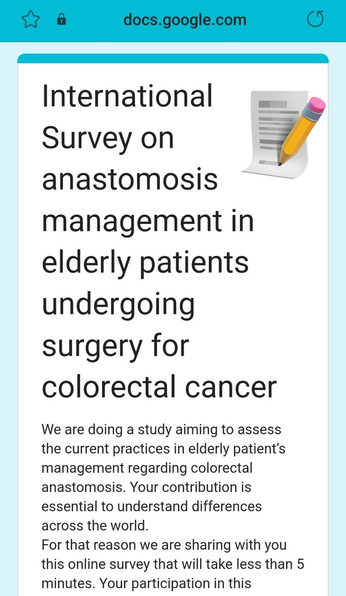 Ruth Blanco Colino (@ruthbc93) on Twitter photo Are you a colorectal surgeon or doing emergency colorectal cases?
Please consider replying this survey 🙏🏻 forms.gle/WgafrSPr9znbyc…
We are running a short survey on anastomosis management in #colorectalcancer in #elderly 🧓🏼
#surgicalresearch #colorectalsurgery #phD <a href="/eloiespin/">Eloy Espín</a> Are you a colorectal surgeon or doing emergency colorectal cases?
Please consider replying this survey 🙏🏻 forms.gle/WgafrSPr9znbyc…
We are running a short survey on anastomosis management in #colorectalcancer in #elderly 🧓🏼
#surgicalresearch #colorectalsurgery #phD <a href="/eloiespin/">Eloy Espín</a>