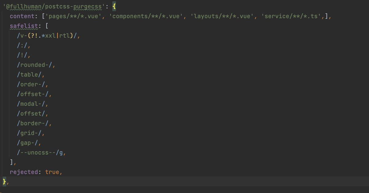 konradstr's tweet photo. @zeroskillz I have a large nuxt3 project, and this config saves me 220kb (from 380 to 160kb). PurgeCSS is a little too aggressive, but proper safelists fix all. It removes all RTL  and all XXL classes variation, which I do not use. I also use unoCSS so some lines of code prevent scrapping it https://t.co/NgLkFHtI5V