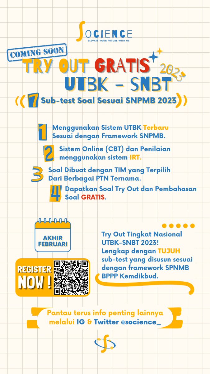 socience_'s tweet photo. Halo sobat Socience! Gimana persiapannya ? jangan lupa yaa, UTBK sudah H-99 Yuk ! Ikutin TO gratis biar maksimal dan masuk PTN impian 👏🏻 #togratis #utbk #utbk https://t.co/0tF0wpdq2A
