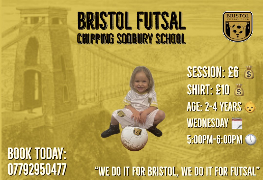 Wednesday Session Booking OPEN ✅

Venue: Chipping Sodbury School (Old Gym)

Cost: £6

Age 2-4 Time: 5:00pm-6:00pm

New players need to send over full name, date of birth, any medical conditions and parents mobile number. First sessions are free 😃