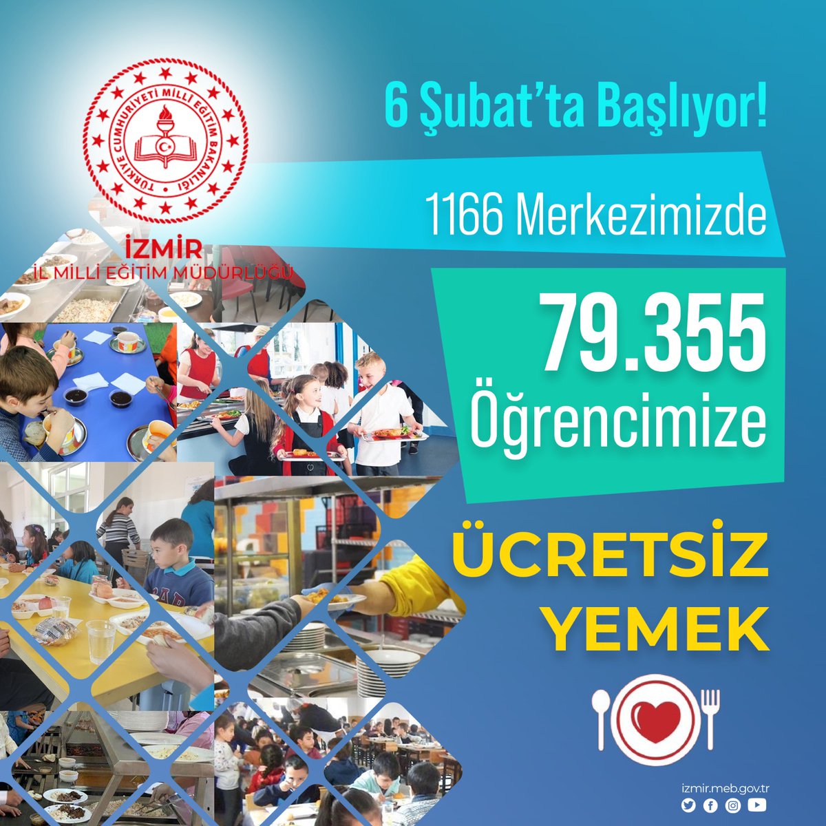 6️⃣ Şubat Pazartesi günü itibariyle
1️⃣.1️⃣6️⃣6️⃣ Merkezimizde
7️⃣9️⃣.3️⃣5️⃣5️⃣ Öğrencimize
ücretsiz yemek vermek için hazırız.
#EğitimdeTürkiyeYüzyılı