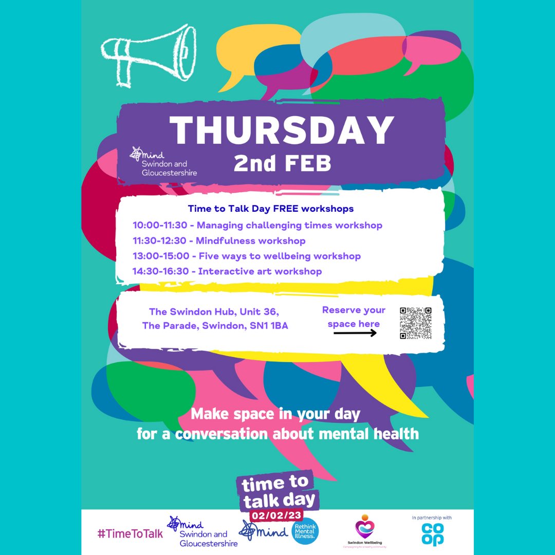 Swindon 📣 S&amp;G Mind are hosting the following FREE workshops this Time to Talk Day. Please join us and the nations biggest mental health conversation!

To reserve your space please select the time slot of the workshop you would like to attend via eventbrite.co.uk/e/time-to-talk…